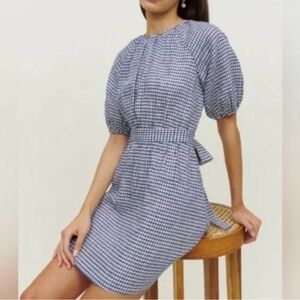 Reformation - Irwin - Blue Gingham Puff Sleeve Dress